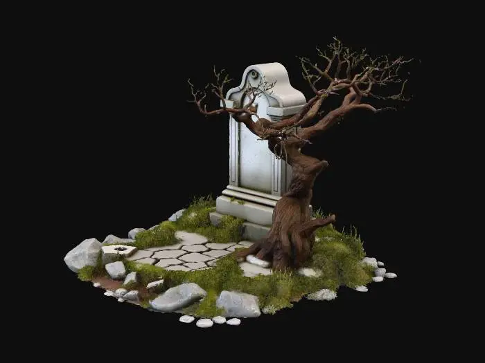 3D model for Une tombe de cimetière ancienne, en pierre grise patinée, avec de profondes fissures et des fragments manquants. Des mousses verdâtres et de la terre y adhèrent. Autour, de hautes herbes sèches et quelques fleurs violacées aux pétales fanés. Un fragment de tronc d'arbre mort, décharné et noirci, émerge du sol rocailleux, ses branches tordues.