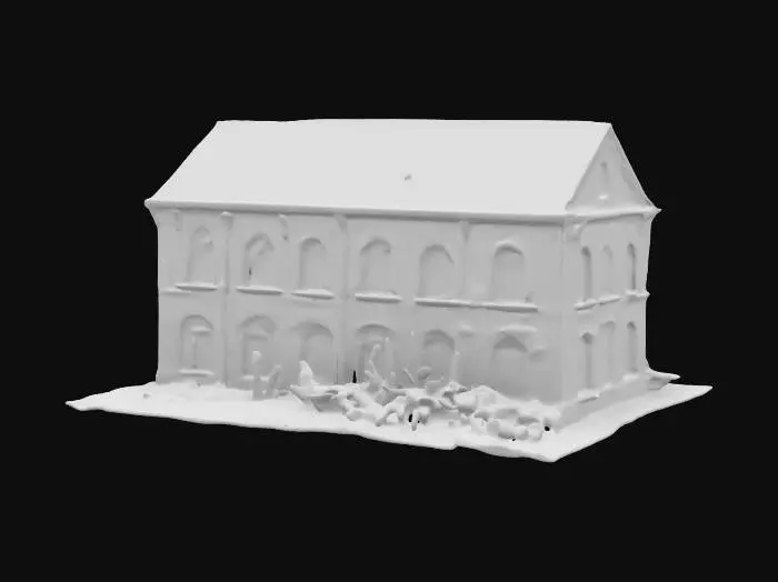 3D model for The object is a rectangular brick building with arched windows, a pitched roof, and a textured surface featuring graffiti and some greenery around it. Highly Detailed Ultra Realistic,