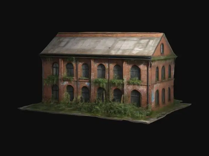 3D model for The object is a rectangular brick building with arched windows, a pitched roof, and a textured surface featuring graffiti and some greenery around it. Highly Detailed Ultra Realistic,