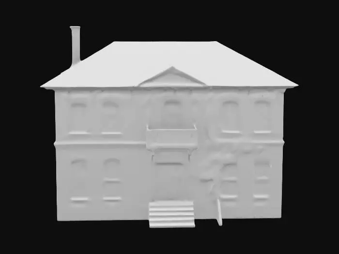 3D model for The facility is an old, rectangular, three-story brick building with arched old wooden windows. It has a gable roof and a textured surface with graffiti and ivy in some places. at the front there are stone steps and a concrete wall. Very detailed, ultra-realistic,