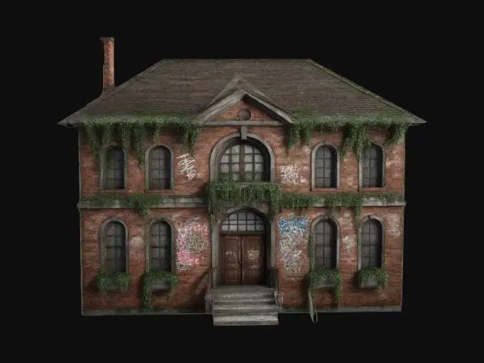 3D model for The facility is an old, rectangular, three-story brick building with arched old wooden windows. It has a gable roof and a textured surface with graffiti and ivy in some places. at the front there are stone steps and a concrete wall. Very detailed, ultra-realistic,