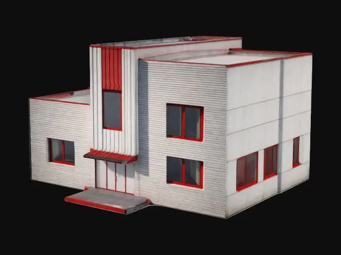 3D model for The object is a rectangular building with white and red geometric sections, featuring a flat roof and a smooth exterior texture with several square windows and a glass entrance., 