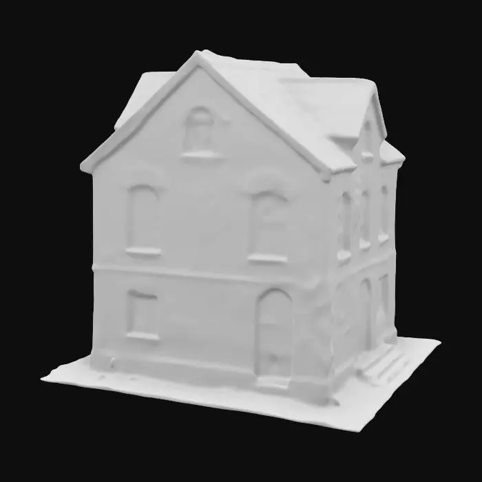 3D model for The facility is an old, rectangular, three-story brick building with arched old wooden windows. It has a gable roof and a textured surface with graffiti and ivy in some places. at the front there are stone steps and a concrete wall. Very detailed, ultra-realistic,