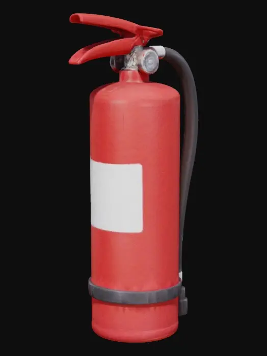 3D model for red fire extinguisher with black rubber hose 