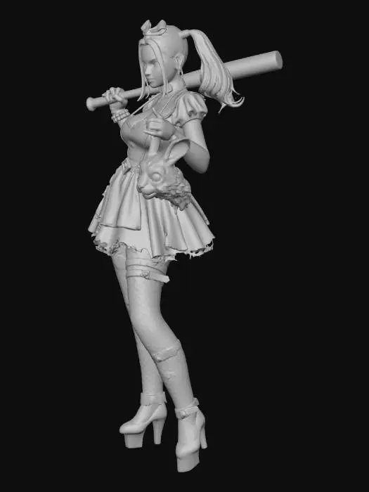 3D model for puoi generare un immagine in risoluzione 4k raffigurante un personaggio adulto ispirato ad alice nel paese delle meraviglie come rappresentata nel cartone animato di walt disney,ma in versione adulta, modificata in style gotico horror con una stile simile a quello del personaggio di harley quinn del film  "suicide squad", che tiene in una mano una mazza da golf e nell'altra la testa del pupazzo del bianconiglio , prendi spunto dai file allegati.