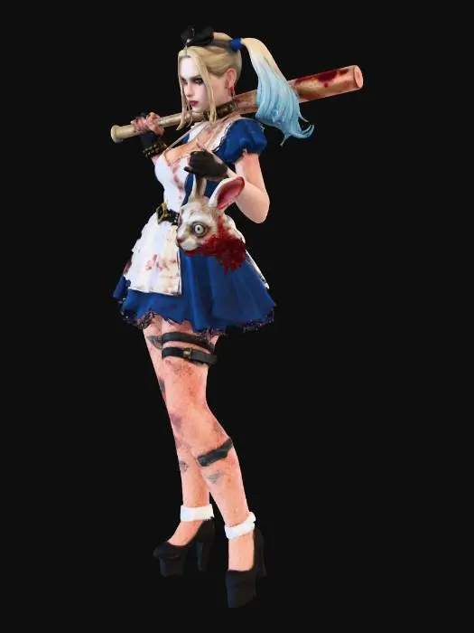 3D model for puoi generare un immagine in risoluzione 4k raffigurante un personaggio adulto ispirato ad alice nel paese delle meraviglie come rappresentata nel cartone animato di walt disney,ma in versione adulta, modificata in style gotico horror con una stile simile a quello del personaggio di harley quinn del film  "suicide squad", che tiene in una mano una mazza da golf e nell'altra la testa del pupazzo del bianconiglio , prendi spunto dai file allegati.
