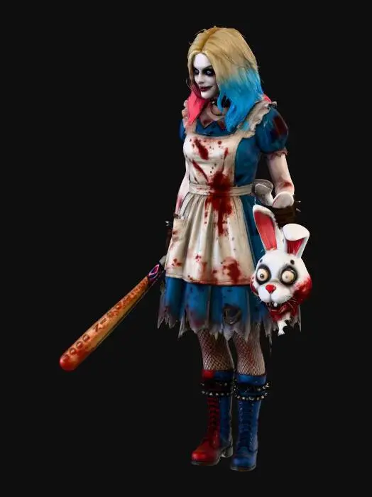 3D model for puoi generare un immagine in risoluzione 4k raffigurante un personaggio adulto ispirato ad alice nel paese delle meraviglie come rappresentata nel cartone animato di walt disney,ma in versione adulta, modificata in style gotico horror con una stile simile a quello del personaggio di harley quinn del film  "suicide squad", che tiene in una mano una mazza da golf e nell'altra la testa del pupazzo del bianconiglio , prendi spunto dai file allegati.