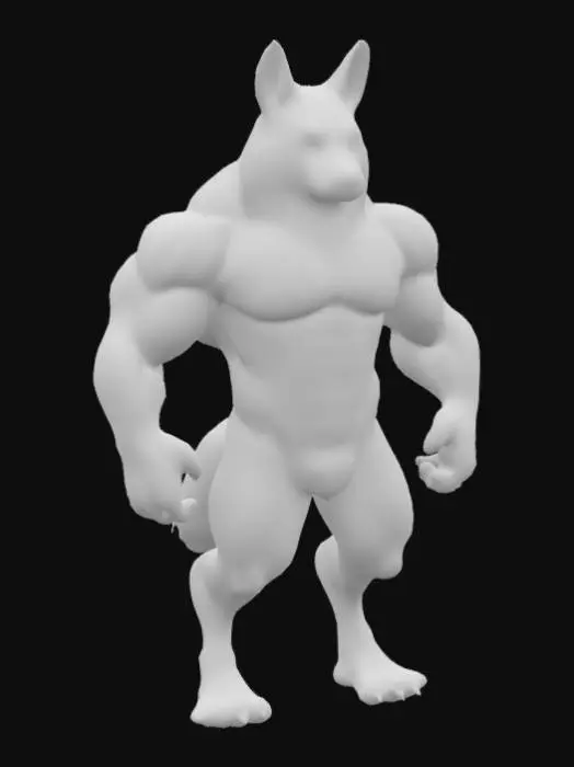3D model for A highly muscular creature features a wolf's head upon a powerfully built, bovine-like body, showcasing immense, taut musculature. Its head has distinctive light grey and black stripes, with white fur on the muzzle and around calm, direct eyes. The massive body is a rich brown, appearing like dense, sculpted muscle, with subtle, dark wolf-like stripes faintly visible on the back. The texture suggests short, coarse fur stretched over hardened, defined musculature.
