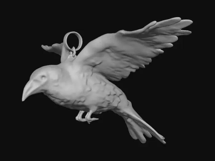 3D model for A flying raven pendant, ready for 3D printing, around 3 cm wide. Raven has spread wings.  Realistic look. High quality details.
