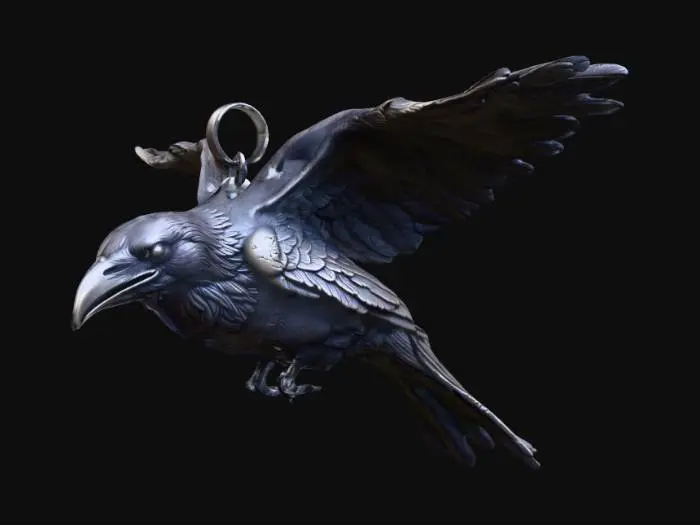 3D model for A flying raven pendant, ready for 3D printing, around 3 cm wide. Raven has spread wings.  Realistic look. High quality details.