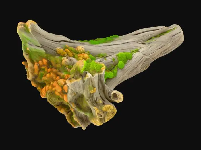 3D model for Highly detailed, some algae, a piece of driftwood, one object, various textures, minimalist webtoon style, high saturation.