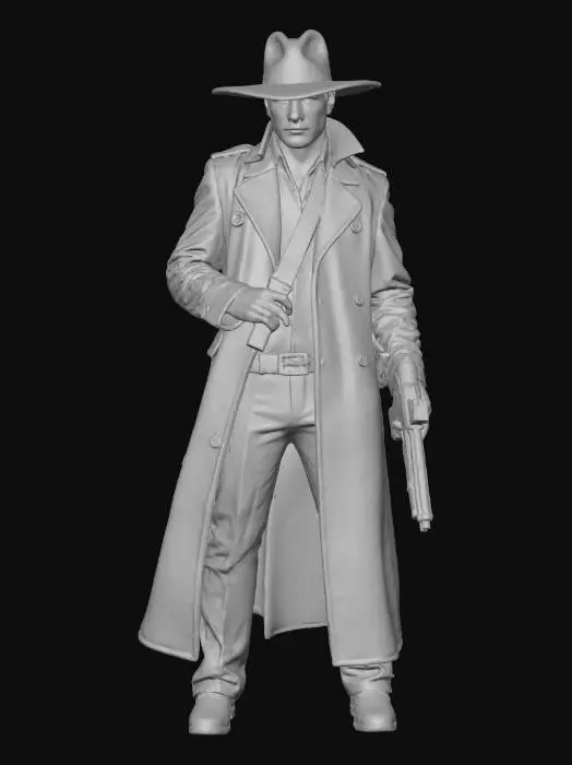 3D model for A futuristic bounty hunter with a wide-brimmed hat, glowing neon eye, and long trench coat, holding a high-tech pistol emitting green light and smoke — stylized comic-book art, cel-shaded, cinematic lighting, sharp outlines, muted tones, dynamic stance.