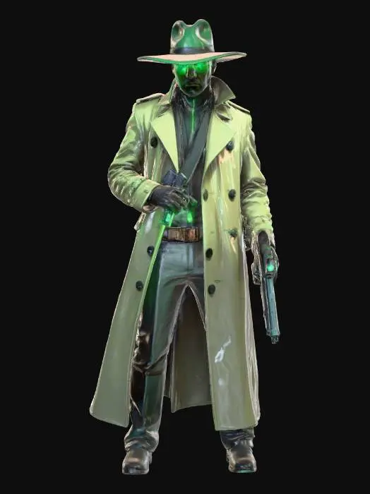 3D model for A futuristic bounty hunter with a wide-brimmed hat, glowing neon eye, and long trench coat, holding a high-tech pistol emitting green light and smoke — stylized comic-book art, cel-shaded, cinematic lighting, sharp outlines, muted tones, dynamic stance.
