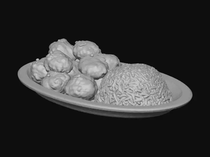 3D model for Panda Express orange chicken and rice in a to-go white plate