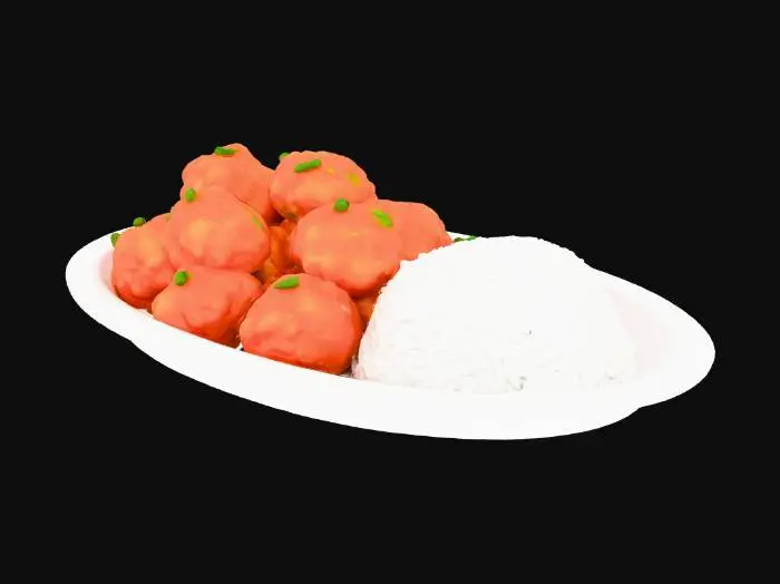 3D model for Panda Express orange chicken and rice in a to-go white plate