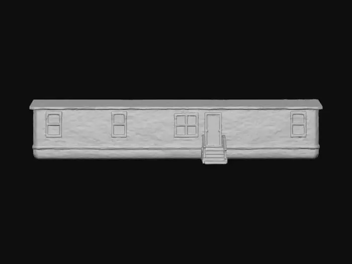 3D model for A beige doublewide trailer with windows and stairs with a rail at the front doorstep with short green grass