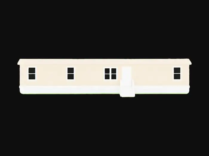 3D model for A beige doublewide trailer with windows and stairs with a rail at the front doorstep with short green grass