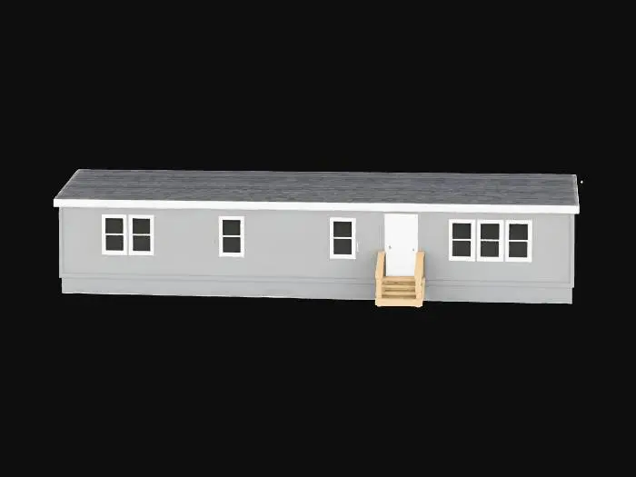 3D model for A gray doublewide trailer with windows and stairs in the front