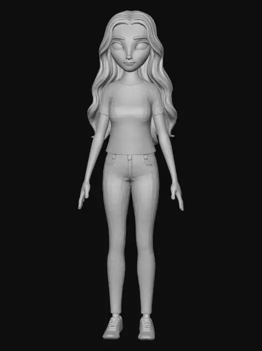 3D model for A tall white girl with big Barbie blue eyes and blonde wavy long hair wears a purple shirt with blue jeans and black tennis shoes with her arms and hands beside her