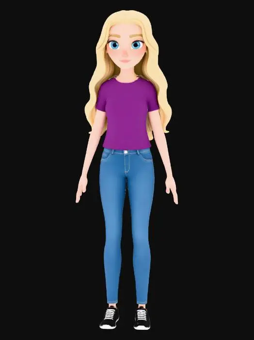 3D model for A tall white girl with big Barbie blue eyes and blonde wavy long hair wears a purple shirt with blue jeans and black tennis shoes with her arms and hands beside her