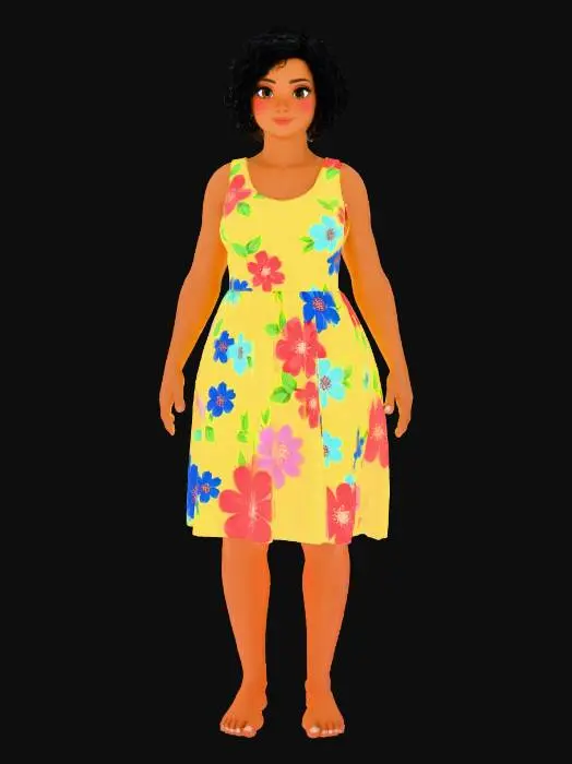 3D model for A tall light brown woman with short black hair with big brown Barbie eyes who is slightly heavy and kind of fat in a yellow dress with colorful flowers
