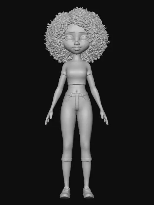3D model for A tall light brown girl with dark brown curly hair with big Barbie brown eyes wears a green short with blue jean capri pants wears green tennis shoes with arms and hands beside her