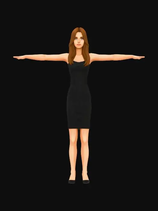3D model for Sims 2 Mina Caliente, green eyes, brown long hair, black dress on, black high heels, brown skin with a tan, full body image