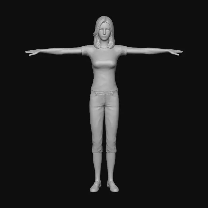 3D model for Sims 2 Courtney Brooks, a teenager, light brown girl, brown eyes, dark brown hair, medium length, wears a violet shirt, in capri pants, with violet slip on shoes, full  body image