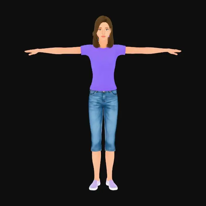 3D model for Sims 2 Courtney Brooks, a teenager, light brown girl, brown eyes, dark brown hair, medium length, wears a violet shirt, in capri pants, with violet slip on shoes, full  body image