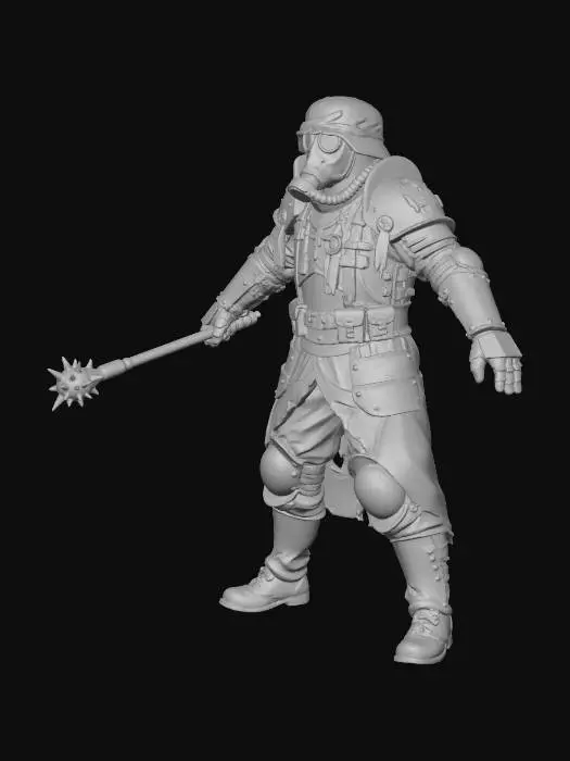 3D model for full body character design of a Trench Crusade soldier, grimdark WWI aesthetic mixed with medieval armor, wearing a gas mask and rusted iron plate armor, religious icons, holding a trench mace in one hand, A-Pose, arms straight out 45 degrees from body, legs apart, distinct silhouette, orthographic front view, flat lighting, albedo texture style, shadowless, uniform lighting, white background, high fidelity, 4k --no shadows, cinematic lighting, depth of field, blur, holding weapon with two hands, gun across chest, dynamic pose, occlusion, perspective distortion --ar 2:3