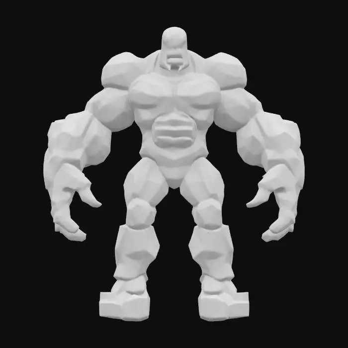 3D model for Un golem estilizado de piedra y fuego, en pose de T, sin cola. Su cuerpo está compuesto por bloques de roca gris oscura y basalto, con fisuras incandescentes de lava y brasas anaranjadas que emanan un calor intenso y un brillo rojizo. Las piernas son rectas y robustas, y las manos, extendidas hacia abajo, están formadas por rocas sólidas. La textura es áspera y rugosa al tacto, combinando la frialdad de la piedra con el calor abrasador del fuego, dándole una apariencia imponente y elemental. Hiperrealista estilizado