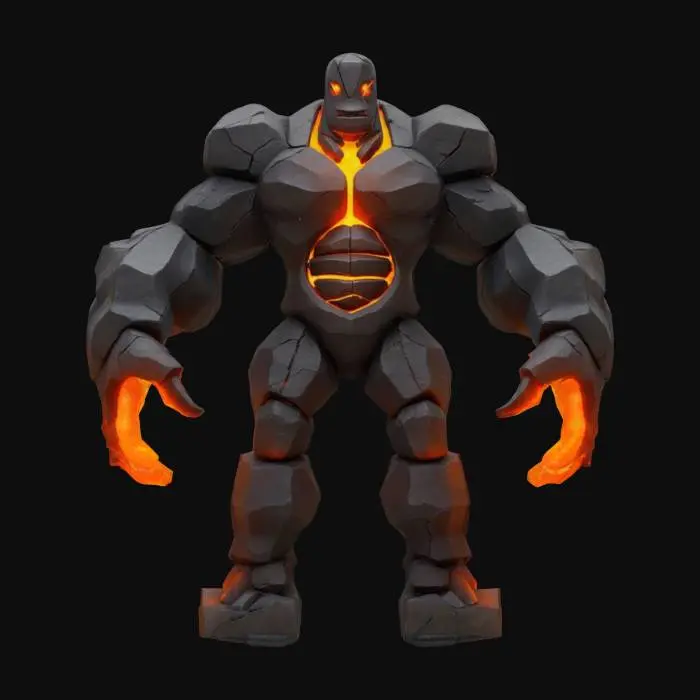 3D model for Un golem estilizado de piedra y fuego, en pose de T, sin cola. Su cuerpo está compuesto por bloques de roca gris oscura y basalto, con fisuras incandescentes de lava y brasas anaranjadas que emanan un calor intenso y un brillo rojizo. Las piernas son rectas y robustas, y las manos, extendidas hacia abajo, están formadas por rocas sólidas. La textura es áspera y rugosa al tacto, combinando la frialdad de la piedra con el calor abrasador del fuego, dándole una apariencia imponente y elemental. Hiperrealista estilizado