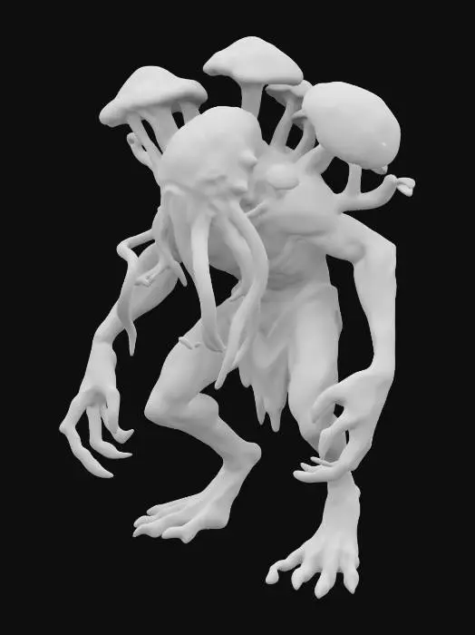 3D model for A Cthulhu, fungi monster with legs, multiple mushroom caps, and tentacles, lovecraft, Full Body, Ultra Realistic
