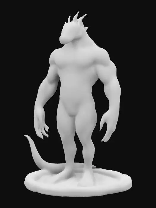 3D model for Anthropomorphic cobra, a snake-human with strong upper body chest and arms, a think flat tail that goes down to the ground and behind it, well-proportioned, Cthulhu, lovecraftian horror, stylized, naga, game asset, dark blue and green hues make up the scales on it's body