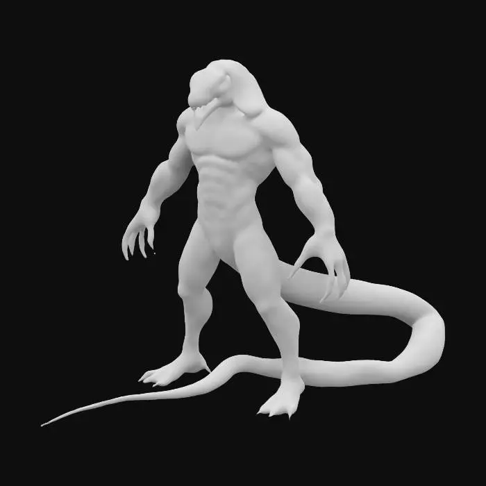 3D model for Anthropomorphic cobra, a snake-human with strong upper body chest and arms, a simple thick flat tail that goes down to the ground and straight behind it, no legs, well-proportioned, Cthulhu, lovecraftian horror, naga, game asset, dark blue and green hues make up the scales on it's body