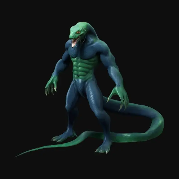 3D model for Anthropomorphic cobra, a snake-human with strong upper body chest and arms, a simple thick flat tail that goes down to the ground and straight behind it, no legs, well-proportioned, Cthulhu, lovecraftian horror, naga, game asset, dark blue and green hues make up the scales on it's body