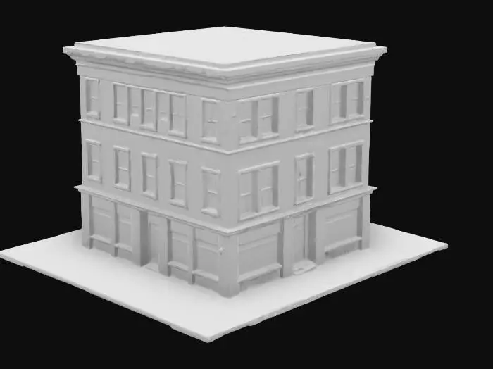3D model for Low-poly, stylized 3-story building. Clean geometric shapes, precise modeling. Flat-shaded texture, limited earthy palette. Rectangular base, repeating window pattern (2 per floor), simple flat roof. Focus on clean structure and repetition. Ultra 4K textures