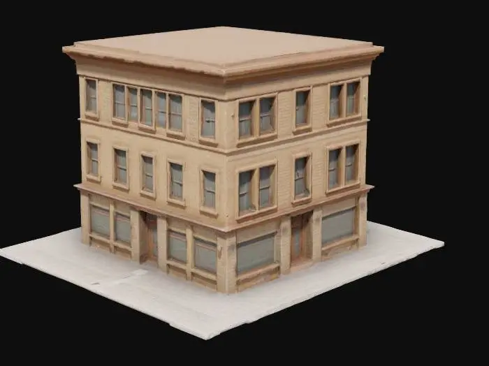 3D model for Low-poly, stylized 3-story building. Clean geometric shapes, precise modeling. Flat-shaded texture, limited earthy palette. Rectangular base, repeating window pattern (2 per floor), simple flat roof. Focus on clean structure and repetition. Ultra 4K textures