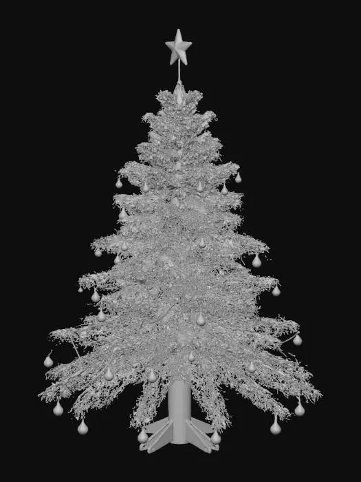 3D model for cyber christmas tree with blue bulb lights, wide and stuffed with tiny red ribbons, futuristic, #Christmas2025#