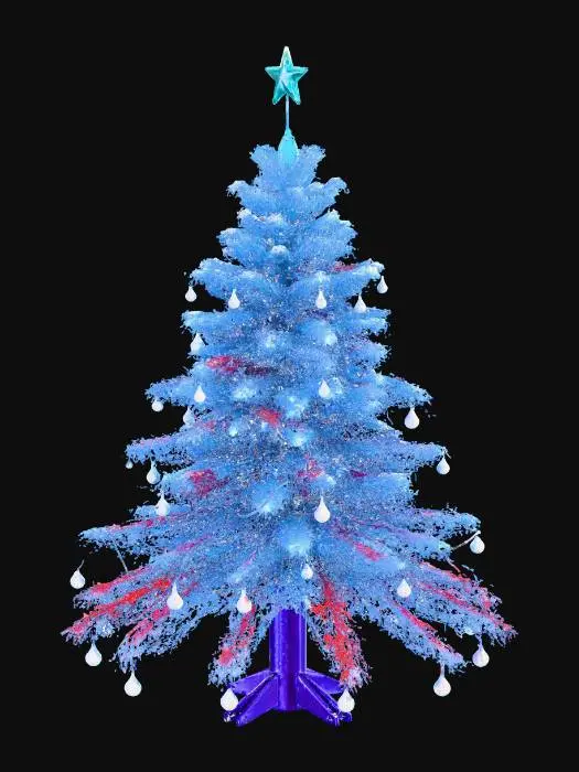 3D model for cyber christmas tree with blue bulb lights, wide and stuffed with tiny red ribbons, futuristic, #Christmas2025#