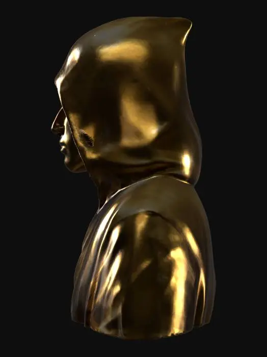 3D model for Imagine a hyper realistic golden statue made with real gold.
The bronze life-size sculpture depicts a hooded figure with stylised facial features, alluding to Nakamoto, a pseudonym credited as bitcoin's founder, but whose identity remains unknown.
Pay attention to small parts and hard to reach places for life like real life ready quality and high detail. museum quality.
Matte shading.