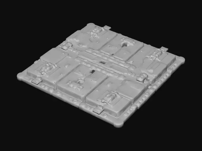3D model for Standalone modular 2×2 sci-fi floor/road tile. Square heavy-duty plate with multi-panel divisions, embedded tech ribs, cable conduits, maintenance hatches, and recessed joint seams. Futuristic industrial style with believable wear. No environment. Only single isolated panel. Corners contain removable tech plates for modular swapping. Designed to be stackable across a grid.