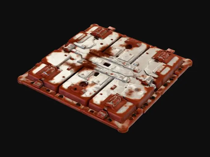 3D model for Standalone modular 2×2 sci-fi floor/road tile. Square heavy-duty plate with multi-panel divisions, embedded tech ribs, cable conduits, maintenance hatches, and recessed joint seams. Futuristic industrial style with believable wear. No environment. Only single isolated panel. Corners contain removable tech plates for modular swapping. Designed to be stackable across a grid.