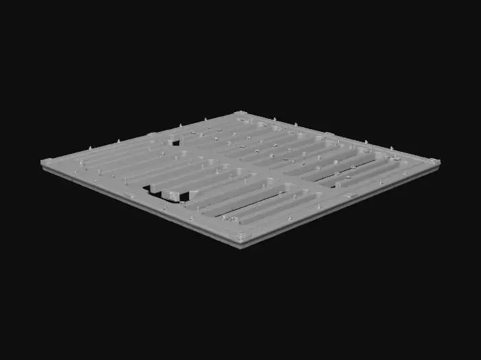 3D model for Standalone damaged ventilation-grate floor panel. Wide metal grate sections, bent bars, broken vents, missing slats, inner mechanics barely visible. Futuristic but heavily worn. No ground or environment. Object only. Shape readable as a walkway piece from an overloaded ventilation system.