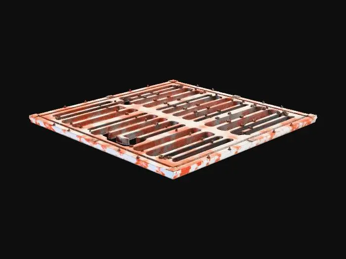 3D model for Standalone damaged ventilation-grate floor panel. Wide metal grate sections, bent bars, broken vents, missing slats, inner mechanics barely visible. Futuristic but heavily worn. No ground or environment. Object only. Shape readable as a walkway piece from an overloaded ventilation system.