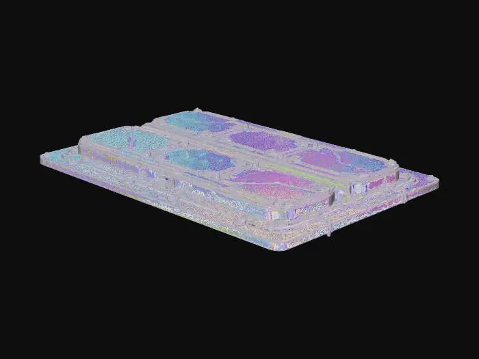 3D model for Standalone sci-fi road/walkway panel featuring dedicated recessed mounts for neon signage or hologram bars. Clean geometric divisions, tech seams, small anchor sockets along the sides. Futuristic urban style. No environment, no background. Single modular tile designed to integrate lighting elements later.