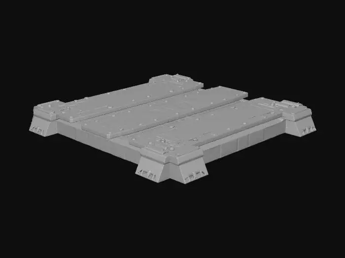 3D model for Standalone modular 1×3 sci-fi road panel. Long rectangular plate with segmented metal sections, shallow grooves, embedded conduit lines and small recessed anchor points. Slightly worn futuristic industrial style. A few asymmetrical detailing clusters for readability. No ground, no walls, no environment. Only the panel as a floating object. Edges feature utility slots for snapping with other modules. Design suggests high-tech urban street surface.