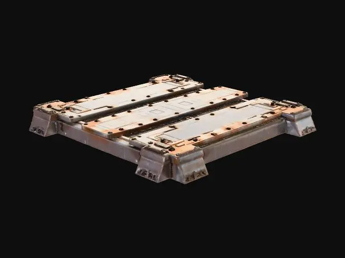 3D model for Standalone modular 1×3 sci-fi road panel. Long rectangular plate with segmented metal sections, shallow grooves, embedded conduit lines and small recessed anchor points. Slightly worn futuristic industrial style. A few asymmetrical detailing clusters for readability. No ground, no walls, no environment. Only the panel as a floating object. Edges feature utility slots for snapping with other modules. Design suggests high-tech urban street surface.