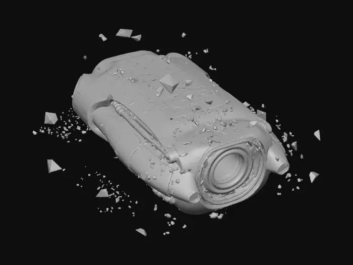 3D model for Standalone debris pile: broken futuristic hologram projector pieces. Fragmented casings, shattered emitters, small coils, capacitor shards, scattered metallic bits. Irregular cluster shape but clearly one object. No ground, no environment. Everything fused into a single compact prop. Technology is advanced but now unrecognizable due to heavy damage.