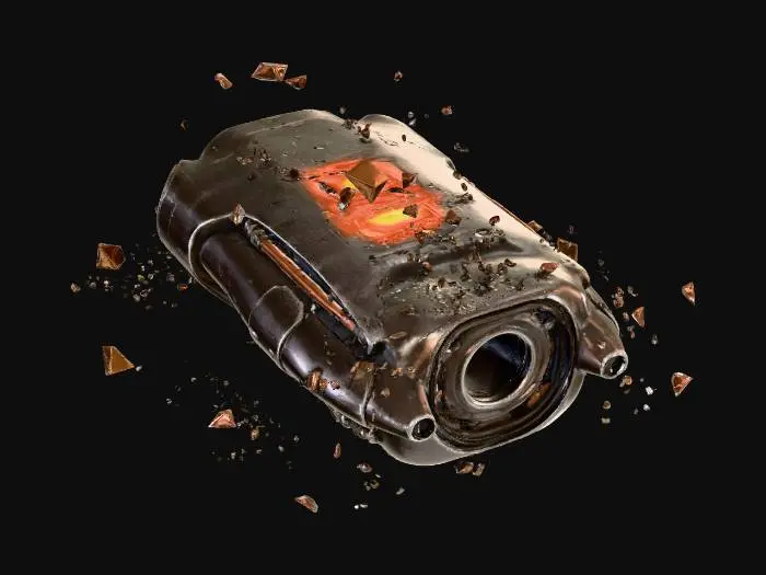 3D model for Standalone debris pile: broken futuristic hologram projector pieces. Fragmented casings, shattered emitters, small coils, capacitor shards, scattered metallic bits. Irregular cluster shape but clearly one object. No ground, no environment. Everything fused into a single compact prop. Technology is advanced but now unrecognizable due to heavy damage.